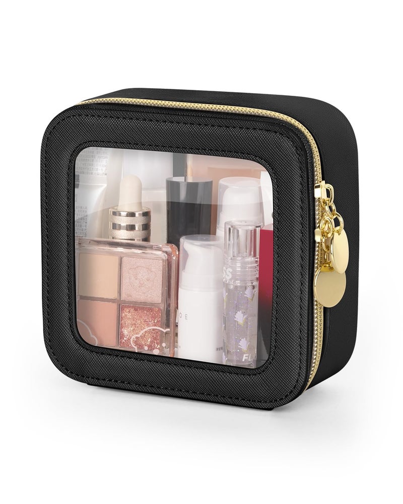 Soimeat Clear Makeup Bag  Portable Travel Cosmetic Bags  Multipurpose Leather Toiletry Bag with Zipper  Waterproof Transparent Cosmetic Organizer for Women  Mini  Black - Image 1